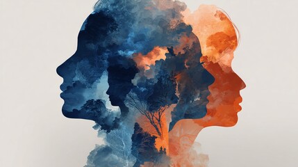 Human brain illustration showcasing cognitive processes, emotions, and mental health with overlapping silhouettes in blue and orange hues