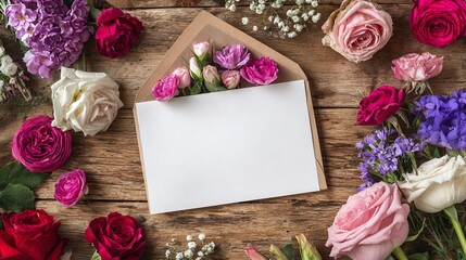 Lettre ouverte avec des fleurs à l'intérieur, espace vide pour du texte, fête des mères, valentin, grand-mères, mariage