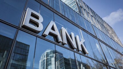 Modern "Bank" building with glass facade and sleek corporate architecture, reflective windows showing urban cityscape, minimalist signage in bold metallic letters