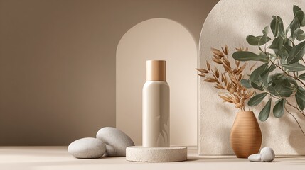 Minimalist Cream Bottle on Beige Creamy Background - Skincare Product Mockup, Cosmetic Packaging Design, Beauty Branding Concept