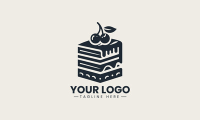 Stylized vector logo of a cake slice with icing layers and cherries for dessert branding