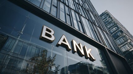 Modern "Bank" building with glass facade and sleek corporate architecture, reflective windows showing urban cityscape, minimalist signage in bold metallic letters
