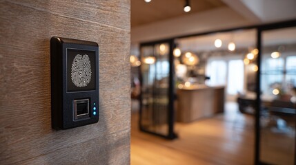 Modern biometric fingerprint scanner mounted on a wall for secure access control in a contemporary environment