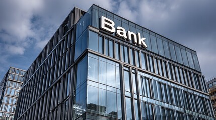 Modern "Bank" building with glass facade and sleek corporate architecture, reflective windows showing urban cityscape, minimalist signage in bold metallic letters