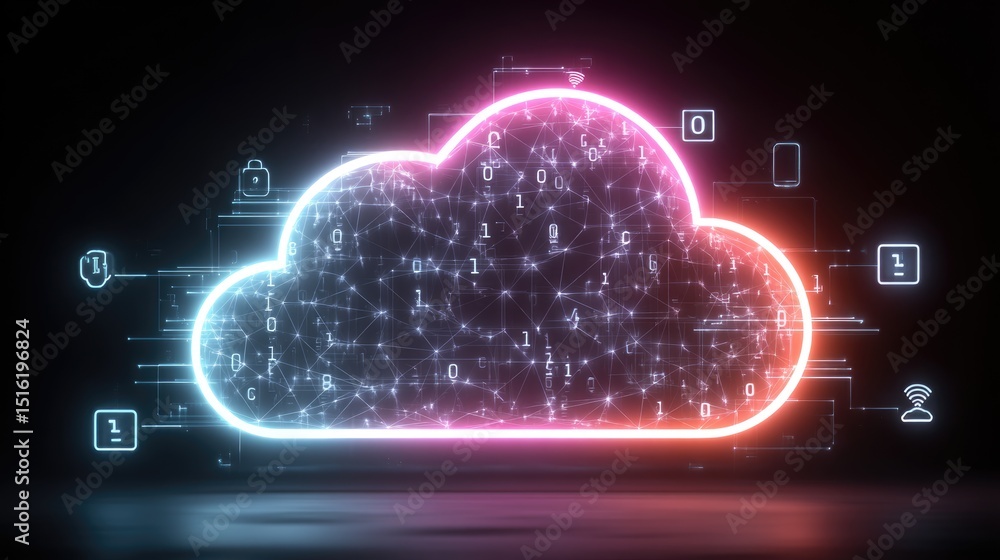 Poster neon cloud computing: a vibrant, glowing neon cloud floats in the dark, symbolizing cloud computing 