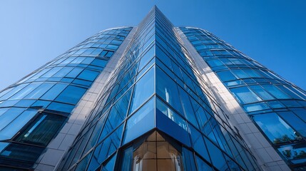 Sleek modern glass building under a clear blue sky