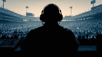 Sports Commentator in Stadium Press Box - Silhouette With Headphones Watching Football Match for Journalism Coverage, Broadcasting Media, and Sports Journalist Day