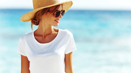 Summer Fashion: Woman in White T-Shirt and Cowboy Hat near Beach
