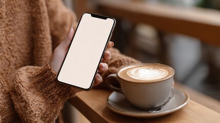 Woman's hands holding smartphone with blank screen in cafe, near latte, mockup, technology, communication : Generative AI