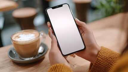 Woman's hands holding smartphone with blank screen in cafe, near latte, mockup, technology, communication : Generative AI