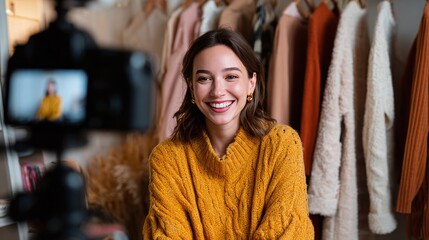 Young woman live streams selling fashionable clothing. Smiling seller presents details on social media to customers. Girl happy, shows clothes, online retail, selling products at home, social