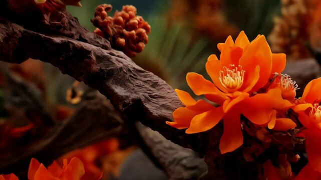 Seashell art composition with an ornate cone shell on a rustic branch with orange flowers in a natural setting.