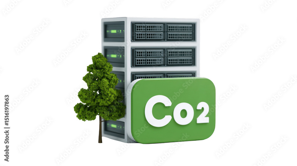Poster server rack with a tree and a co2 tag symbolizing green computing initiatives, promoting eco friendl