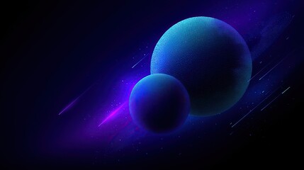 Luminous spheres in dark cosmic scene with streaks of light and gradient of blues and purples