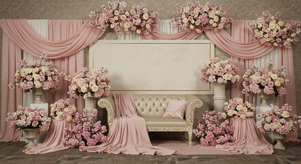 Elegant Wedding Decoration with Pink Flowers and Soft Lighting