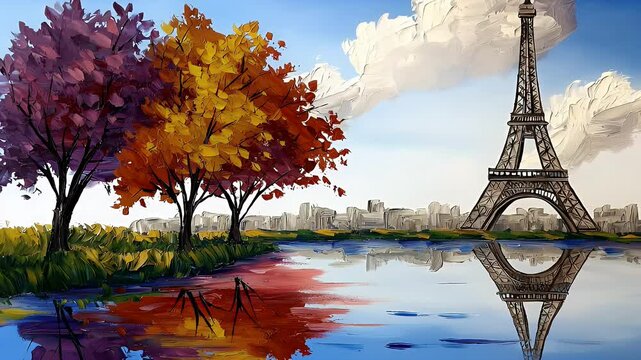 Autumnal Parisian Scene Eiffel Tower Reflection in Colorful Water