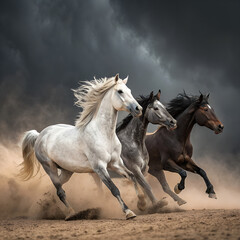 Three Powerful Horses Galloping Across a Dusty Plain Under a Stormy Sky