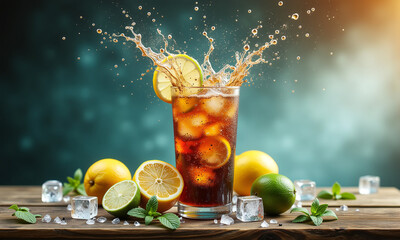 A mojito cocktail with lime slices and mint leaves splashes over ice cubes against a green background.