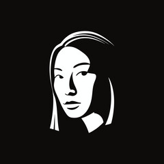 A vector logo of an Asian-Pacific woman's face with straight hair, simple shapes and lines,