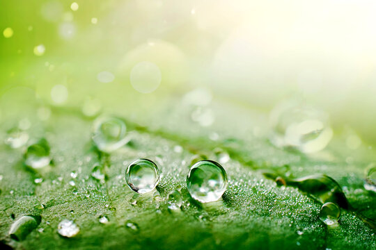 Many drops of water on a leaf in nature after rain, natural background, macro.