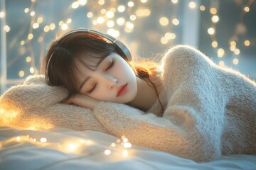 A young woman peacefully sleeping, wearing headphones and a cozy sweater, bathed in soft light