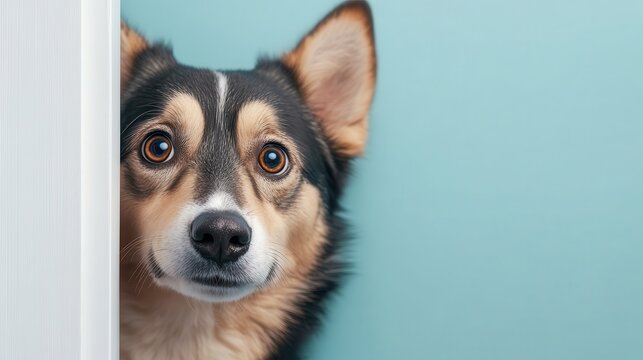 An inquisitive dog peeks curiously from behind a door, displaying a soulful expression that captures its personality against a soft blue backdrop.