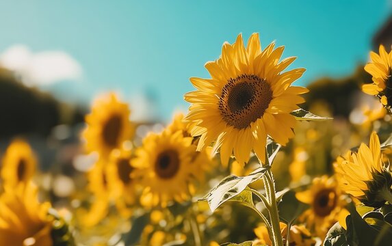 Sunny sunflower field. Bright yellow flowers against a bright blue sky