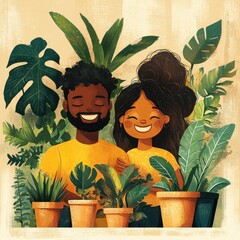 A joyful couple surrounded by lush plants
