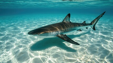 Fototapeta premium Overhead view of shark shadow moving across the sandy seabed in clear aqua water