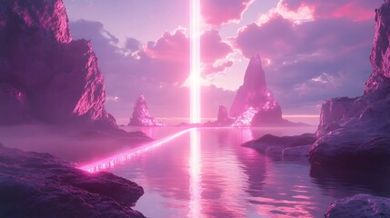 Ethereal pink landscape with radiant light beam reflecting on still water surface