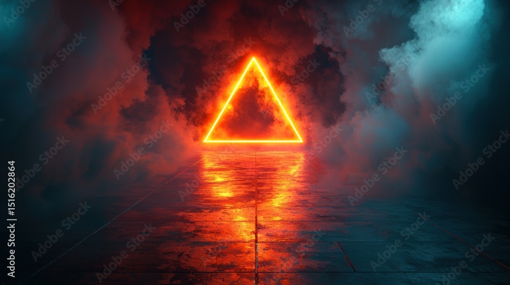 Poster glowing triangle illuminates foggy space with reflection in dark environment