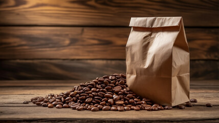 A product photography shot of coffee beans and a brown paper bag on a rustic wooden background.