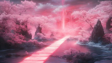 Fototapeten Enchanting ethereal landscape with cherry blossoms and a glowing path ahead © byakuyaai