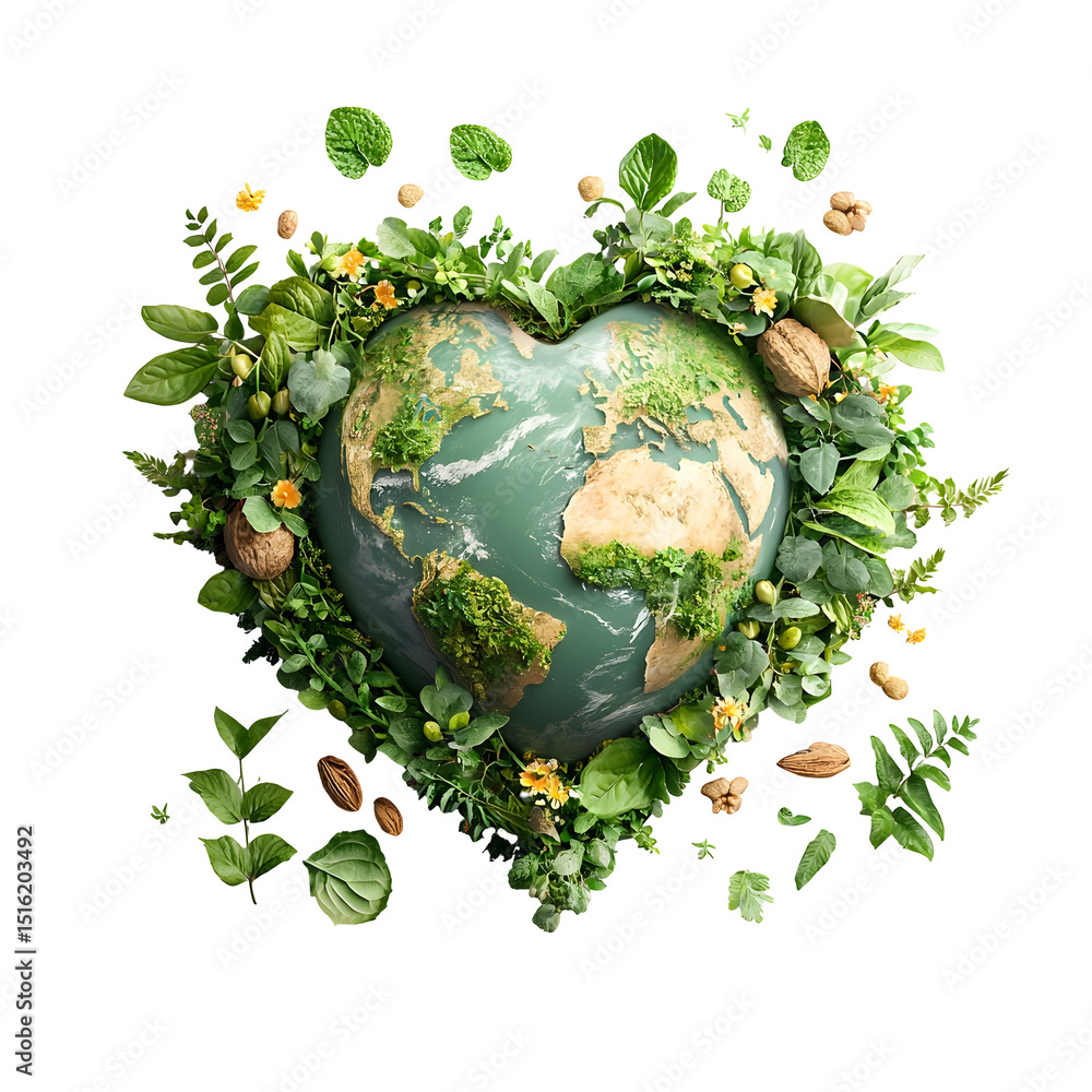 Aufkleber a 3d rendered image of a heart shaped globe enveloped in a vibrant display of leaves vines and other