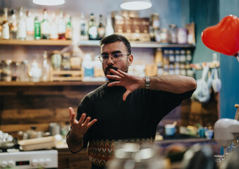 A person expresses enthusiasm while speaking in a charmingly styled rustic kitchen bar environment.