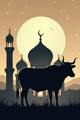 Eid al adha silhouette bull and mosque under the moon