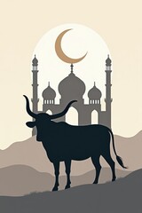 Eid al adha silhouette of a bull and mosque