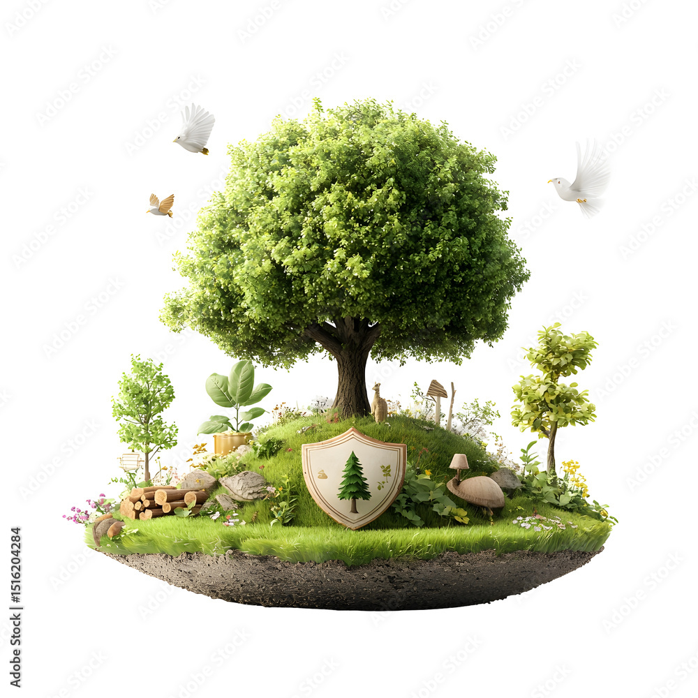 Aufkleber a 3d rendered floating island with a lush verdant forest surrounded by a serene landscape with a shi