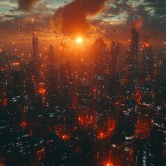 Fototapeta premium Futuristic Cityscape at Dusk with Flying Vehicles and Glowing Lights