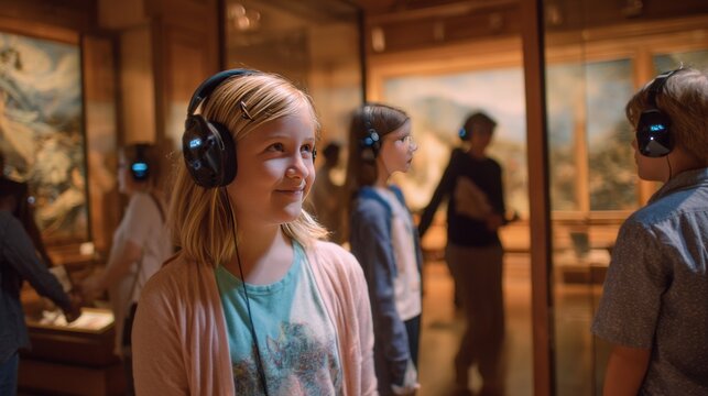 Capture museum visitors, kids exploring AR-enhanced exhibits. Group of children wearing headphones during audio tour in art museum, concept of educational experience
