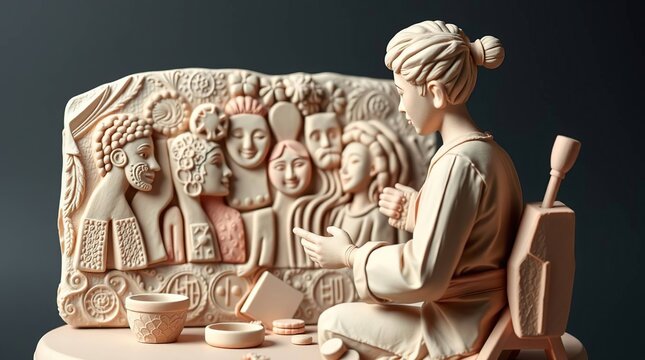 A person sculpts a relief depicting diverse faces, with tools and tea present - Powered by Adobe