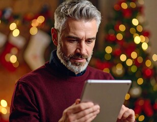 Man using tablet, Christmas setting