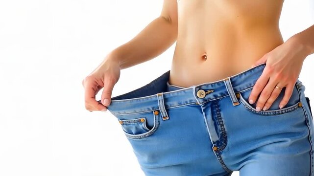 Slim woman in oversized jeans, weight loss journey, health and fitness, diet and losing weight