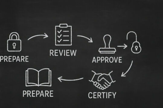 Audit process stages are illustrated chalkboard style, showcasing steps Prepare, Review, Approve, and Certify. This visual representation emphasizes importance of each stage clear and engaging