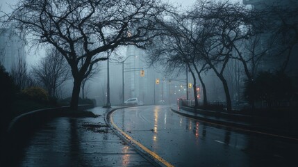 Foggy City Street with Wet Pavement and Bare Trees