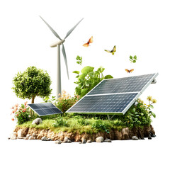 A 3D rendered scene depicting wind turbines and solar panels integrated into a lush natural landscape with trees plants and butterflies representing sustainable and eco friendly power