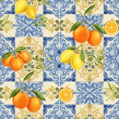 Obraz premium Mediterranean tile pattern with lemons, oranges, olive branches, and cobalt blue arabesque motifs