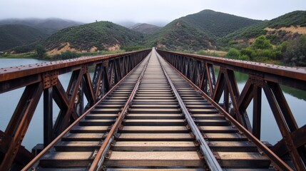 Fototapeta premium Long railway bridge extending into the distance over a river with green hills and mountains in the background