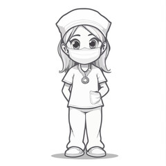 A grayscale cartoon nurse in scrubs mask and cap stands with hands behind her