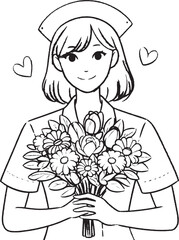 Illustration of a nurse holding a bouquet of flowers wearing a cap and two hearts floating around her